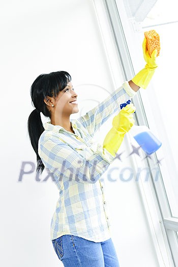 Smiling black woman cleaning windows with glass cleaner