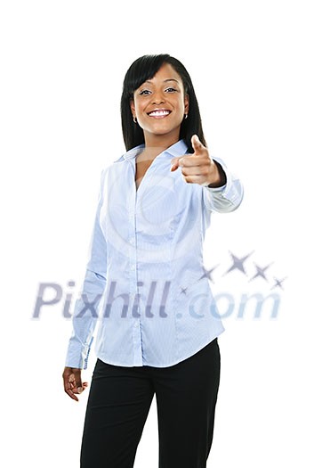 Smiling black woman pointing finger at camera isolated on white background