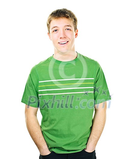 Happy young man standing isolated on white background