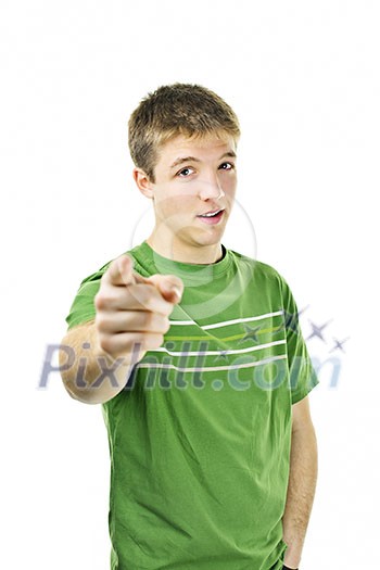 Serious young man pointing finger at camera isolated on white background