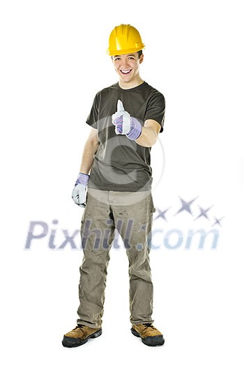 Smiling construction worker showing thumbs up isolated on white background Smiling construction worker showing thumbs up isolated on white background