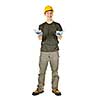 Young construction worker looking up shrugging isolated on white background