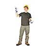 Smiling construction worker pointing up standing isolated on white background