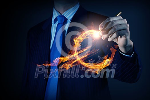 Close view of businessman drawing on screen burning euro sign