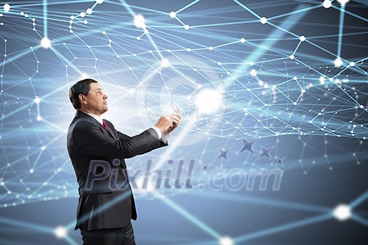 Businessman using his smartphone on background of connection lines Businessman using his smartphone on background of connection lines