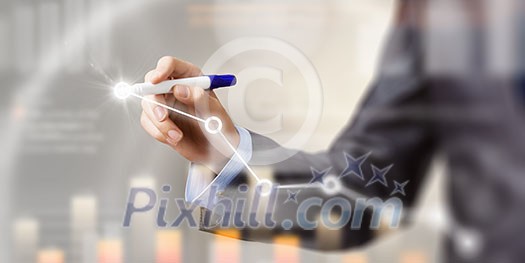 Close view of businessman drawing on screen market infographs