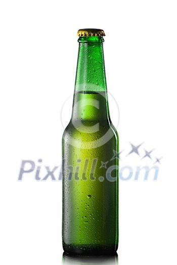 Beer bottle with water drops isolated on white Beer bottle with water drops isolated on white