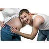 Happy smiling man with pregnant woman isolated on white
