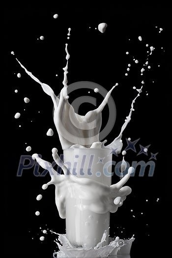 milk splash in glass isolated on black background milk splash in glass isolated on black background
