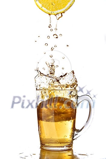 fresh lemon juice and tea cup isolated on white fresh lemon juice and tea cup isolated on white