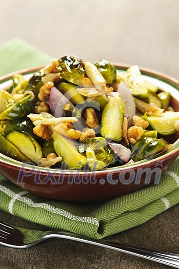 Vegetarian bowl of roasted brussels sprouts with walnuts Vegetarian bowl of roasted brussels sprouts with walnuts