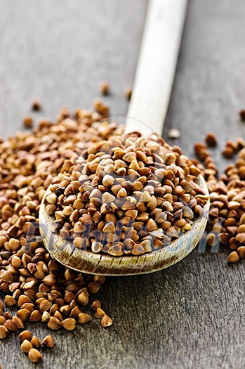 Buckwheat seeds on wooden spoon in closeup Buckwheat seeds on wooden spoon in closeup