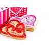 Homemade baked shortbread Valentine cookies with icing and gift boxes