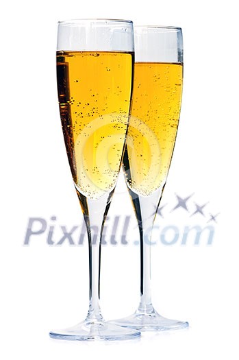 Two full champagne flutes isolated on white background