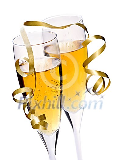 Two full champagne flutes with sparkling wine and ribbon isolated