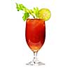 Bloody mary in glass isolated on white background with celery stalk