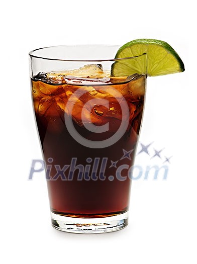 Glass of cola with ice and lime isolated on white background Glass of cola with ice and lime isolated on white background