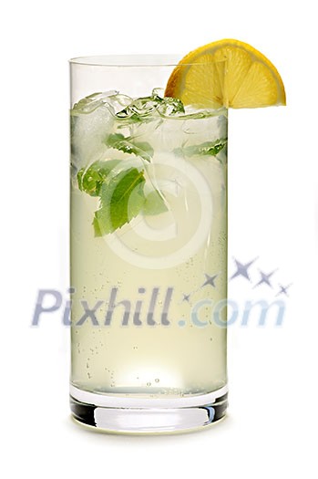 Glass of sparkling lemonade with mint and ice Glass of sparkling lemonade with mint and ice