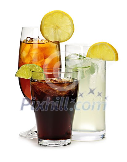 Group of three soft drinks in various glasses with garnish Group of three soft drinks in various glasses with garnish