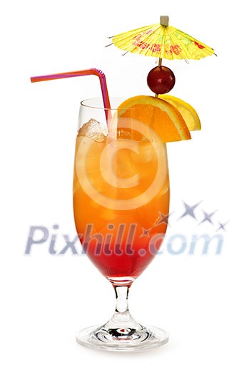 Tropical cocktail in glass isolated on white background with umbrella Tropical cocktail in glass isolated on white background with umbrella