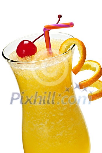 Glass of orange juice drink in hurricane cocktail glass Glass of orange juice drink in hurricane cocktail glass
