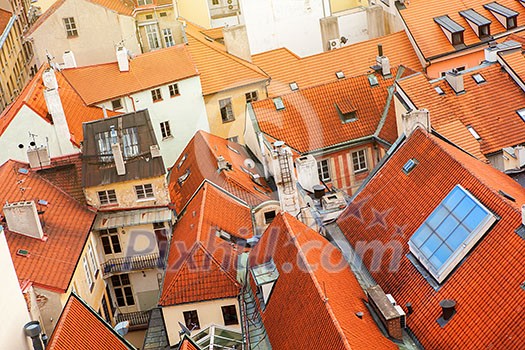Prague houses roofs, Czech Republic. Aerial view from above on Old Town Square, Prague houses roofs, Czech Republic. Aerial view from above on Old Town Square,