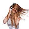 Woman with headphones and hair in motion on white