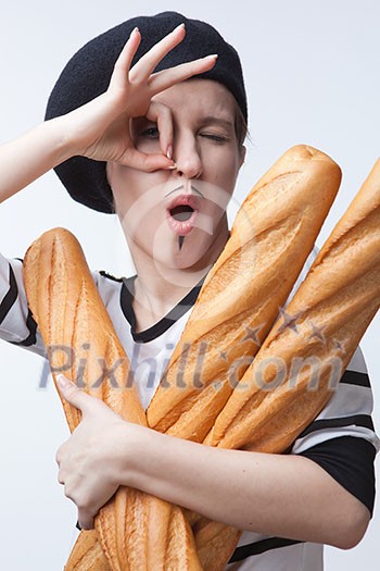 woman holding baguettes isolated with ok sign on white