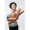 woman holding baguettes isolated on white