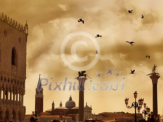 San Marco square with dramatic clouds and birds in Venice, Italy San Marco square with dramatic clouds and birds in Venice, Italy