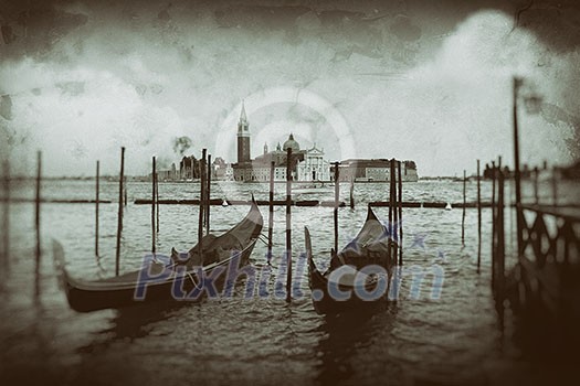 Gondolas and San Giorgio Maggiore church on Grand Canal in Venice. Photo in grunge style