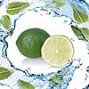water splash with lime and green mint isolated on white