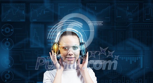 Young woman wearing headphones on virtual blue interface