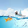 Concept of fake threat when businesswoman float in paper ship and sharks in water appear to be goldfish