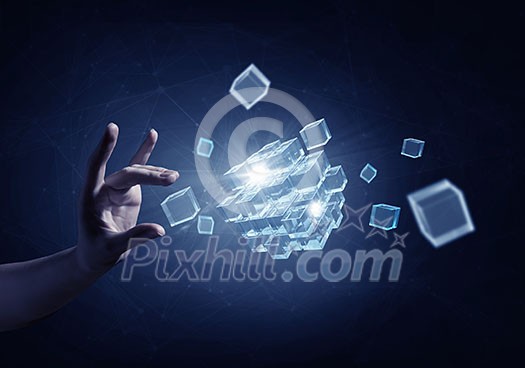 Businessman hand touch cube as symbol of problem solving Businessman hand touch cube as symbol of problem solving