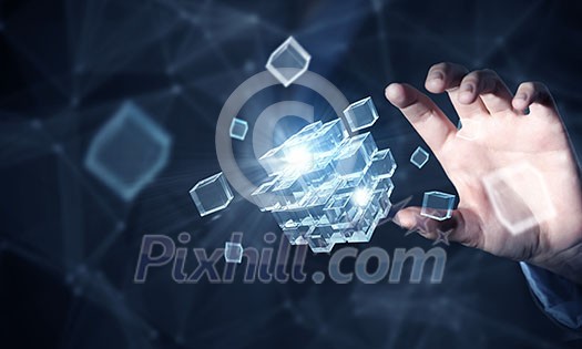 Businesswoman hand touch cube as symbol of problem solving Businesswoman hand touch cube as symbol of problem solving