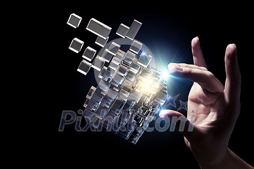 Businessman hand touch cube as symbol of problem solving Businessman hand touch cube as symbol of problem solving