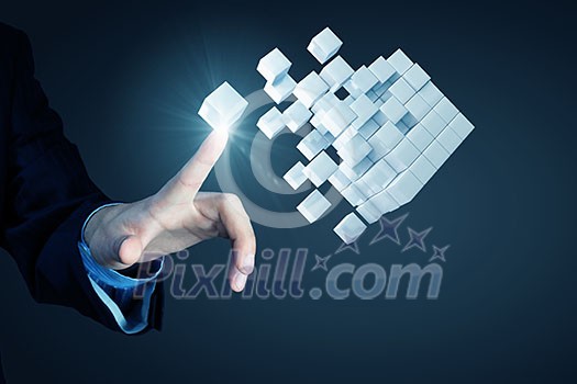 Businessman hand touch cube as symbol of problem solving Businessman hand touch cube as symbol of problem solving