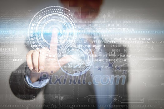 Close up of businesswoman touching media screen with finger