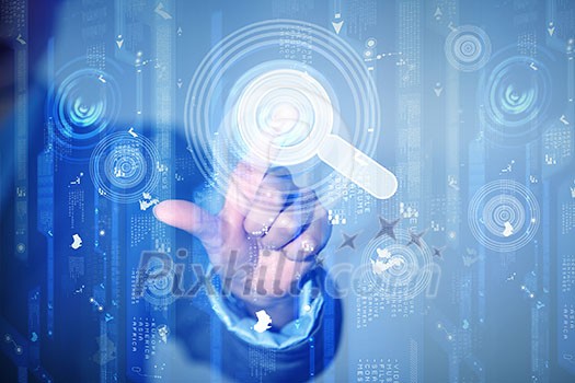 Close up of businessman touching digital screen with finger Close up of businessman touching digital screen with finger