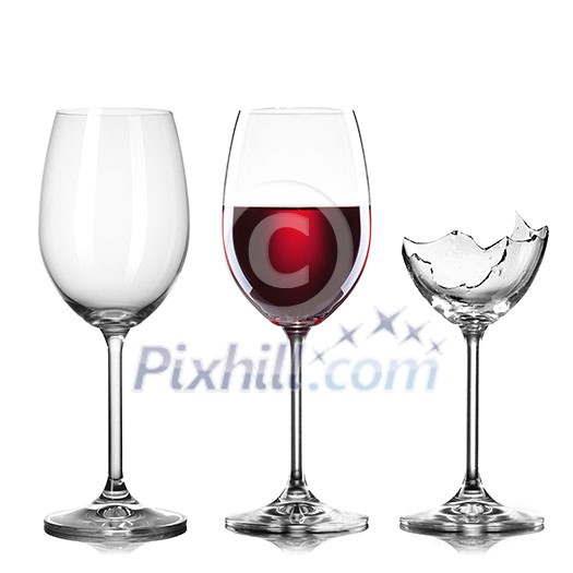 empty, full of wine and broken wineglasses isolated on white empty, full of wine and broken wineglasses isolated on white