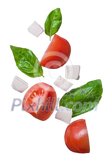 falling red tomatoes, mozzarella and basil isolated on white - caprese, traditional italian ingredients falling red tomatoes, mozzarella and basil isolated on white - caprese, traditional italian ingredients