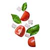 falling red tomatoes, mozzarella and basil isolated on white - caprese, traditional italian ingredients