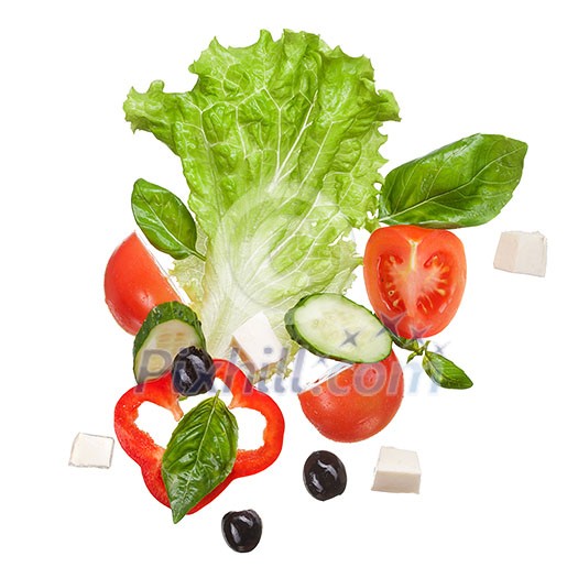 salad isolated in white - red tomatoes, pepper, cheese, basil, cucumber and olives, top view