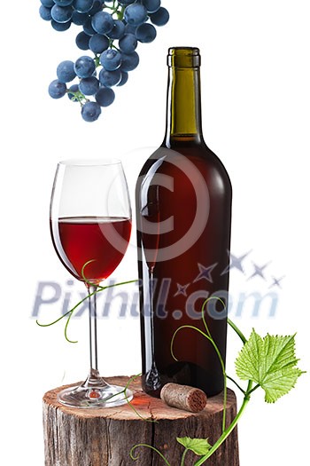 Glass of red wine, bottle and grape on stump isolated on white