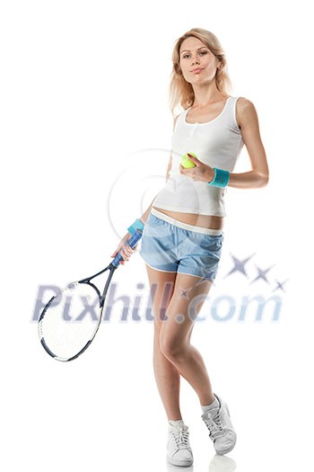 Portrait of young smiling woman with tennis racket isolated on white Portrait of young smiling woman with tennis racket isolated on white