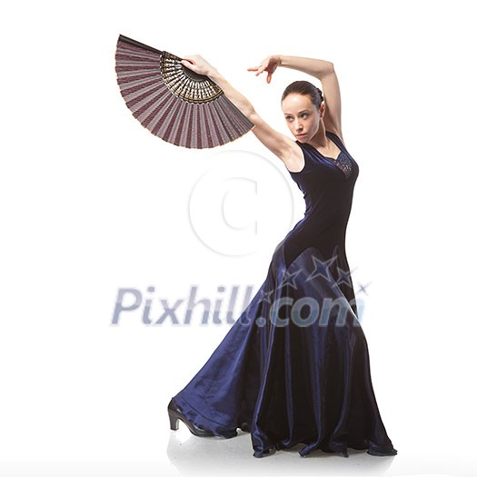 young woman dancing flamenco in blue dress with fan isolated on white background young woman dancing flamenco in blue dress with fan isolated on white background