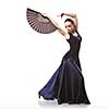 young woman dancing flamenco in blue dress with fan isolated on white background
