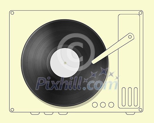 Black vinyl record disc with hand drawn gramophone and empty label on yellow background Black vinyl record disc with hand drawn gramophone and empty label on yellow background