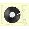 Black vinyl record disc with hand drawn gramophone and empty label on yellow background